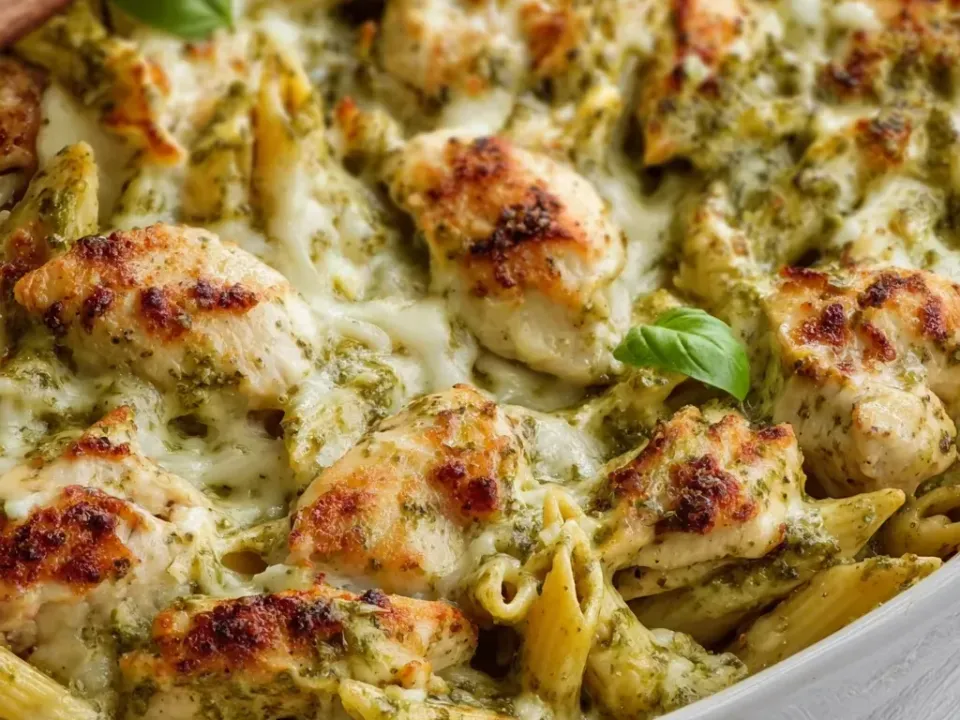 Penne and chunks of chicken with browned upper surfaces in a green pesto sauce under melted white cheese with fresh basil leaves, in a white baking dish