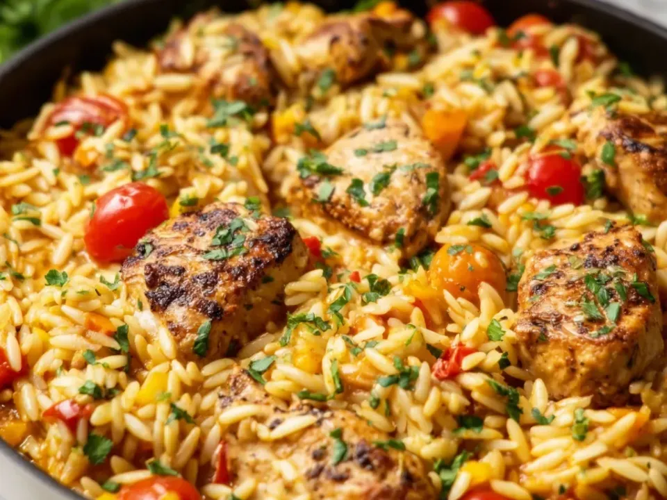 Browned chicken thigh pieces sitting in orzo studded with cherry tomatoes and diced yellow pepper under heavy parsley, in a dark skillet