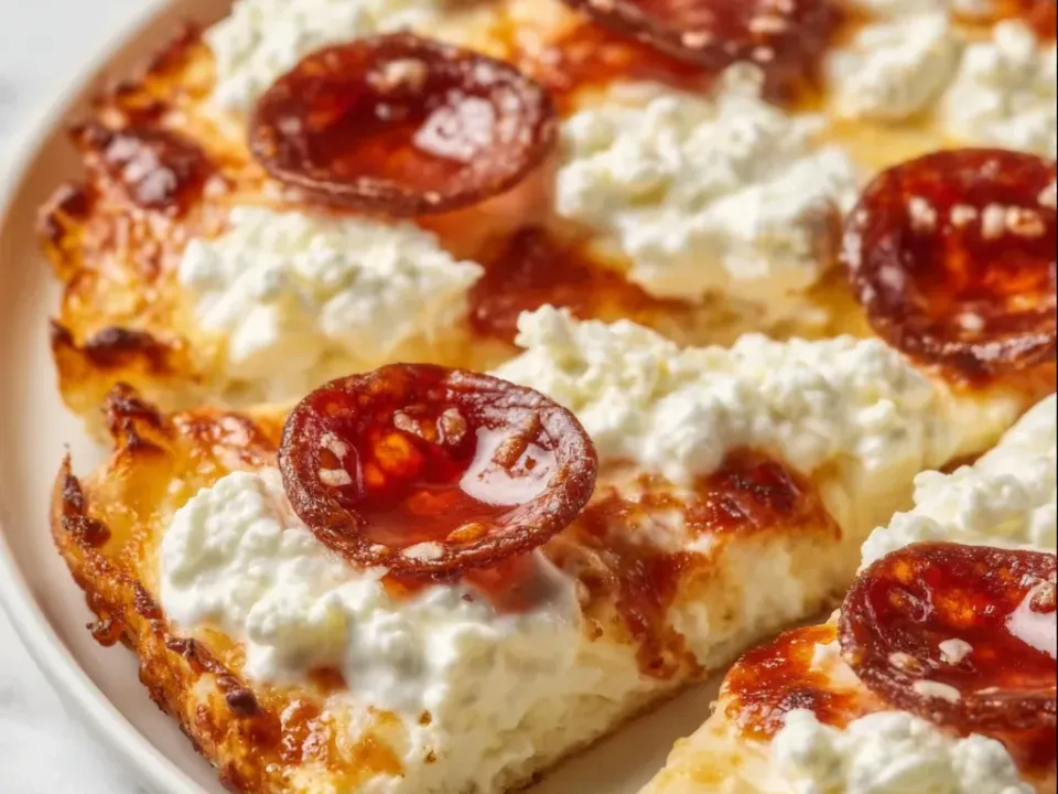 Cut rectangular pizza slices with thick puffed golden edges on a pale base of melted cheese browned in patches, with large dollops of white ricotta and cupped crisp pepperoni rounds