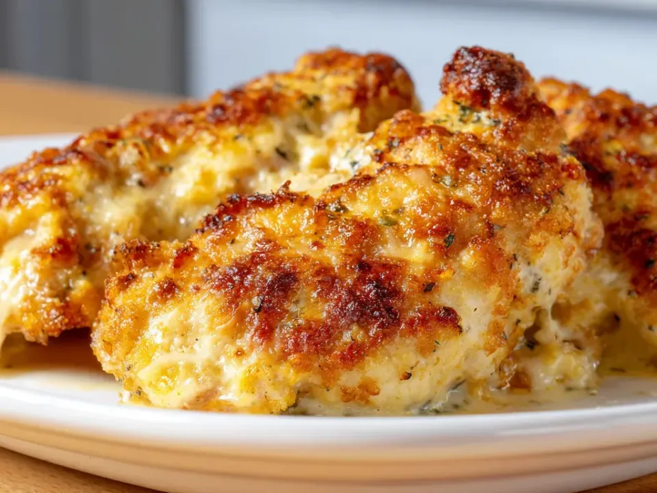 Baked chicken breasts under a thick blistered golden-brown Parmesan and mayonnaise crust with bubbled crisp edges and a moist pale interior on a white plate