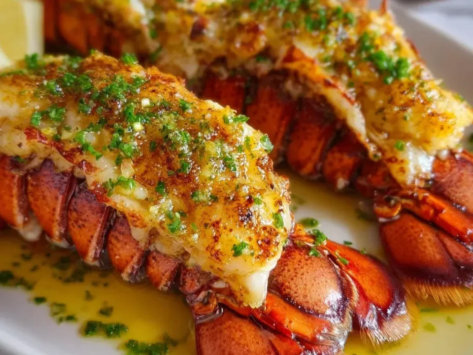 Two butterflied lobster tails with the meat lifted over the red shell, baked golden with garlic butter and scattered with parsley and chives, butter pooling, with a lemon wedge