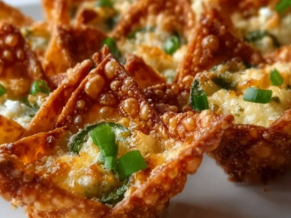 Open-topped baked wonton cups with heavily blistered deep-golden wrappers, filled with melted cheese studded with diced green jalapeño and topped with sliced green onion