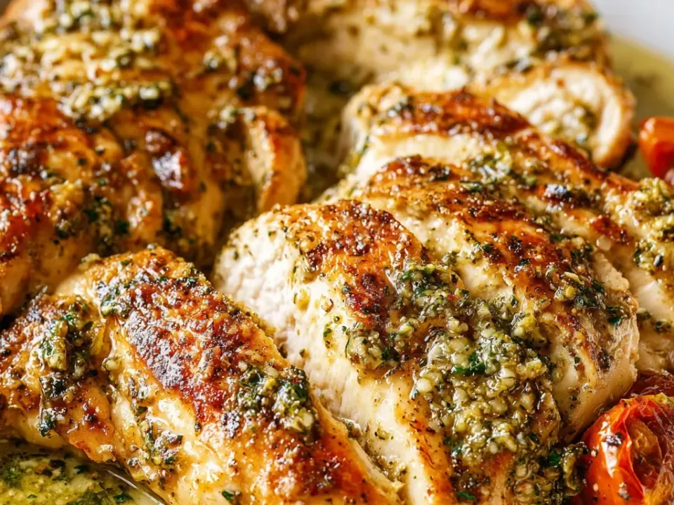 Browned chicken breasts topped with coarse green pesto in a thin pale pan sauce in a white dish, with roasted cherry tomatoes at the edge and Parmesan over the top
