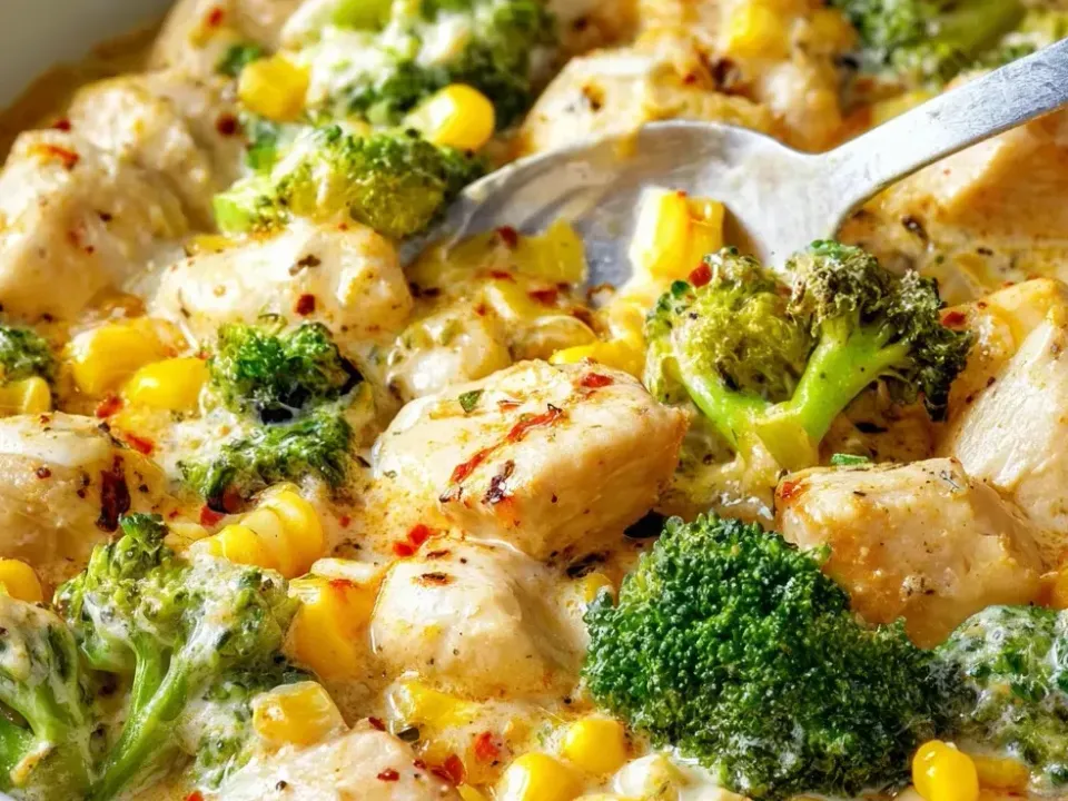 Chunks of pale chicken with bright green broccoli and yellow sweetcorn in a thin creamy white sauce flecked with red pepper and herbs, in a pale pan