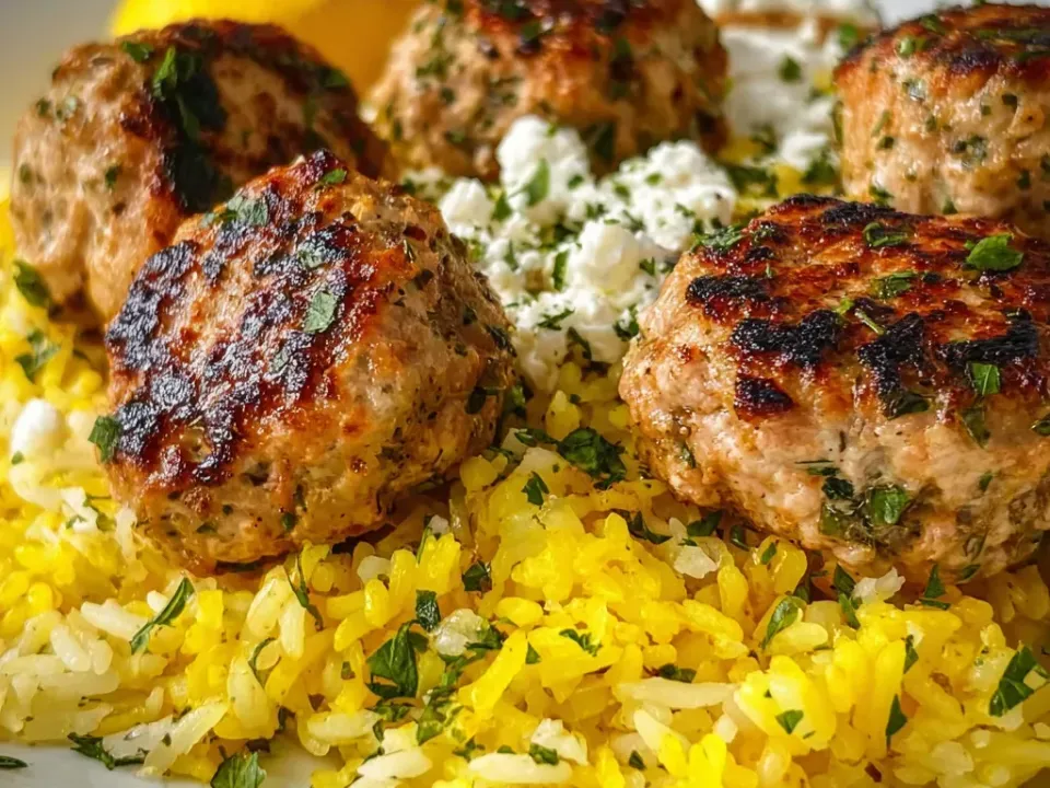 Flattened browned turkey patties with herb flecks on bright yellow herbed rice with crumbled white cheese and a lemon half behind, on a white plate