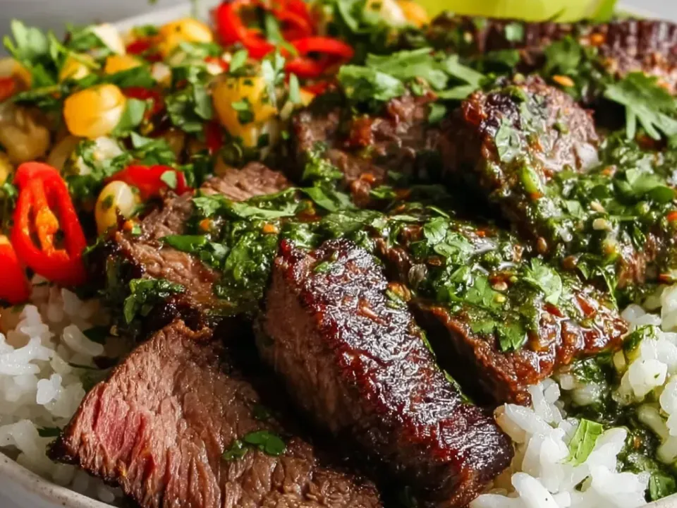 Sliced seared steak with a pink centre over white rice, heavily coated in a bright green cilantro-lime sauce, with corn, red chile rings and a lime wedge