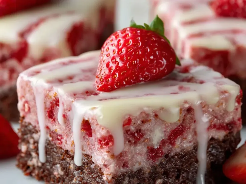 Squares with a dark dense chocolate brownie base under a thick pink strawberry layer, flooded with thick white glaze dripping down the sides, each topped with a whole fresh strawberry