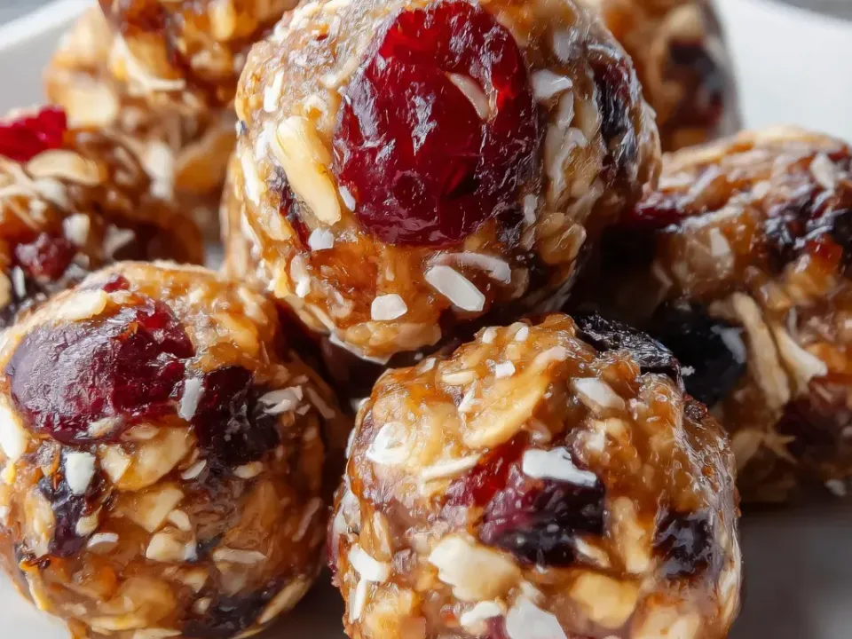 Round no-bake bites of rolled oats with dried cranberries, dried cherries and coconut flakes, stacked on a white plate with pale coconut slivers on the outside