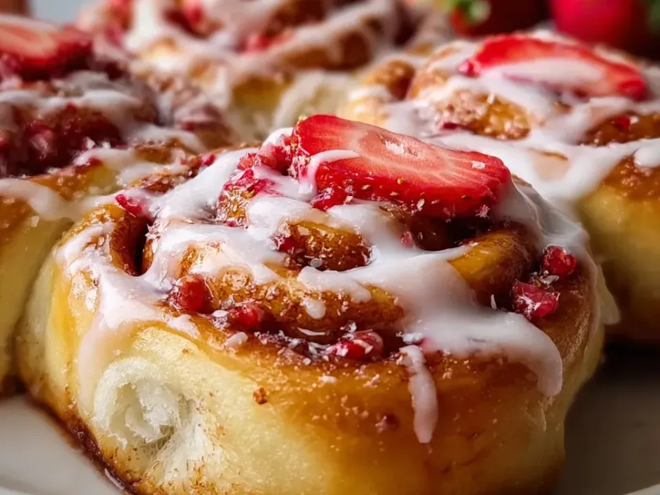 Round soft enriched-dough rolls spiralled with a red strawberry filling flecked with seeds, drizzled with thin white icing and topped with slices of fresh strawberry