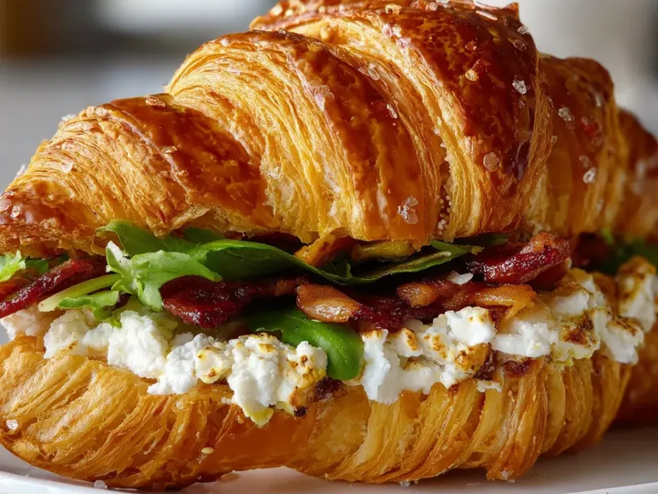A glossy golden croissant sandwich sprinkled with flaky salt, filled with crumbled goat cheese browned in spots, crisp bacon pieces, arugula and thin caramelised apple slices