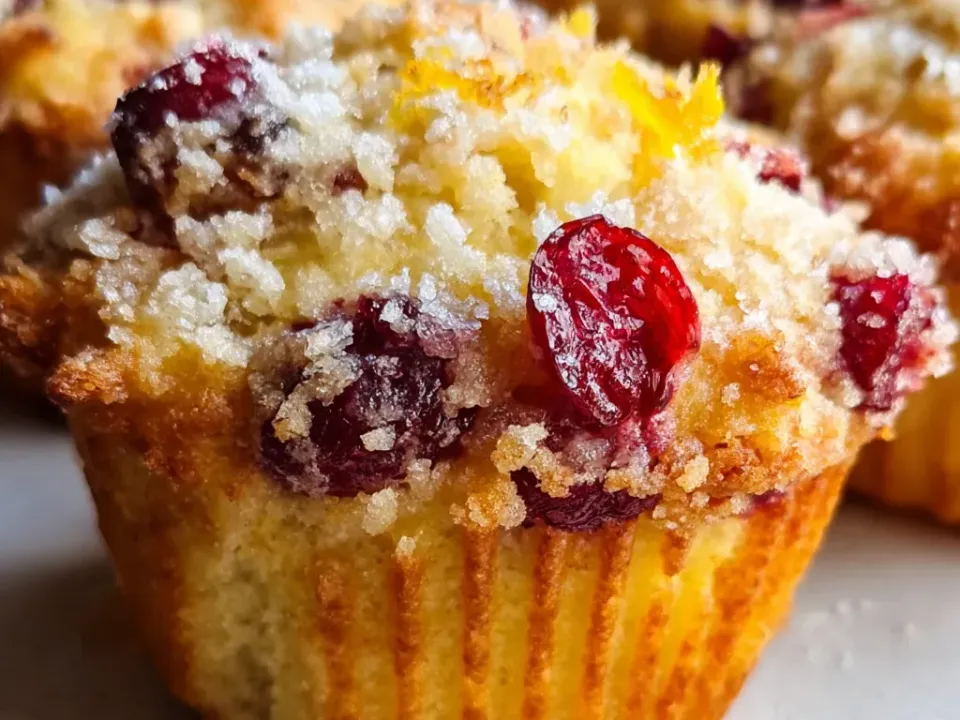 Muffins baked without paper liners showing fluted golden-brown sides and domed tops studded with whole red cranberries, sprinkled with coarse sugar and orange zest