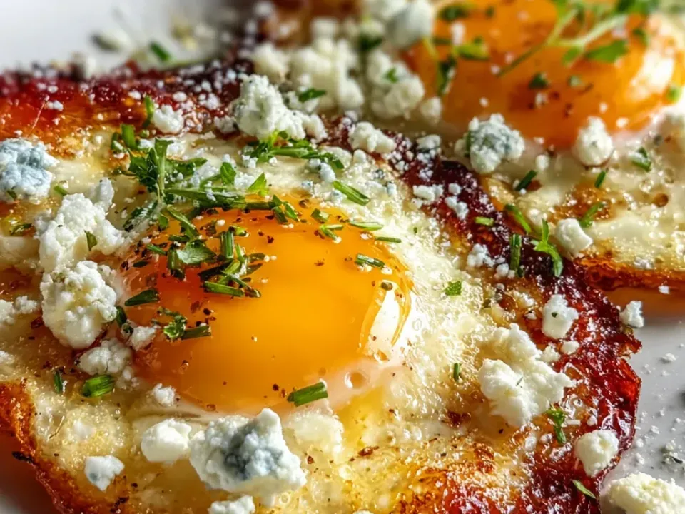 Fried eggs with lacy deeply browned crisp edges and bright orange liquid yolks, scattered with crumbled white cheese, chopped green herb and cracked black pepper