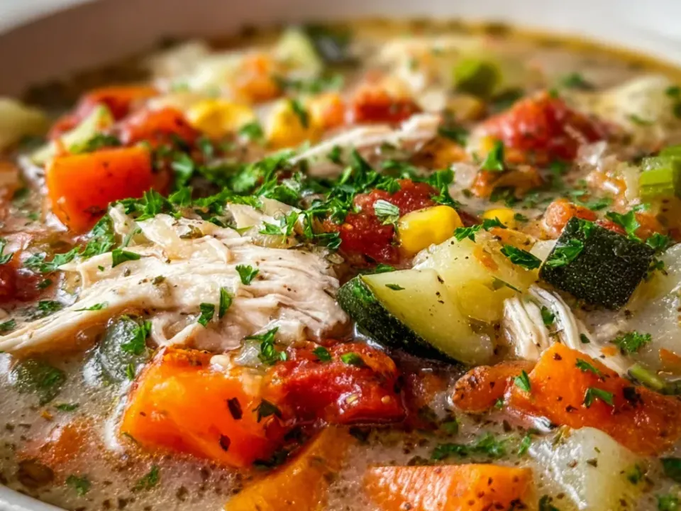 A creamy broth with shredded chicken, diced tomato, zucchini, carrot, corn and celery in a cream-coloured bowl, under heavy parsley