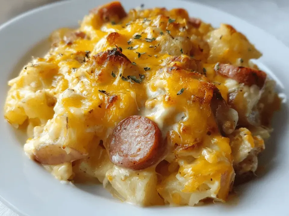 Chunks of soft skin-on potato bound in a pale creamy sauce under melted deeply browned orange cheddar, with browned rounds of smoked sausage through it and scattered with dried green herb