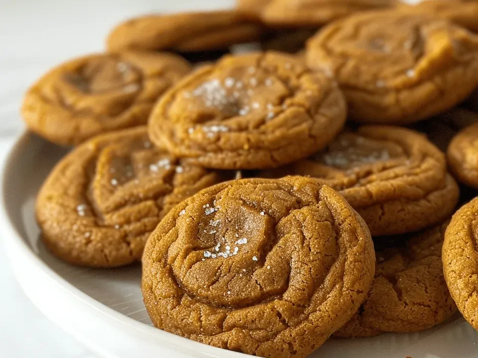 Plate of soft maple pumpkin cookies with a light glaze and coarse salt