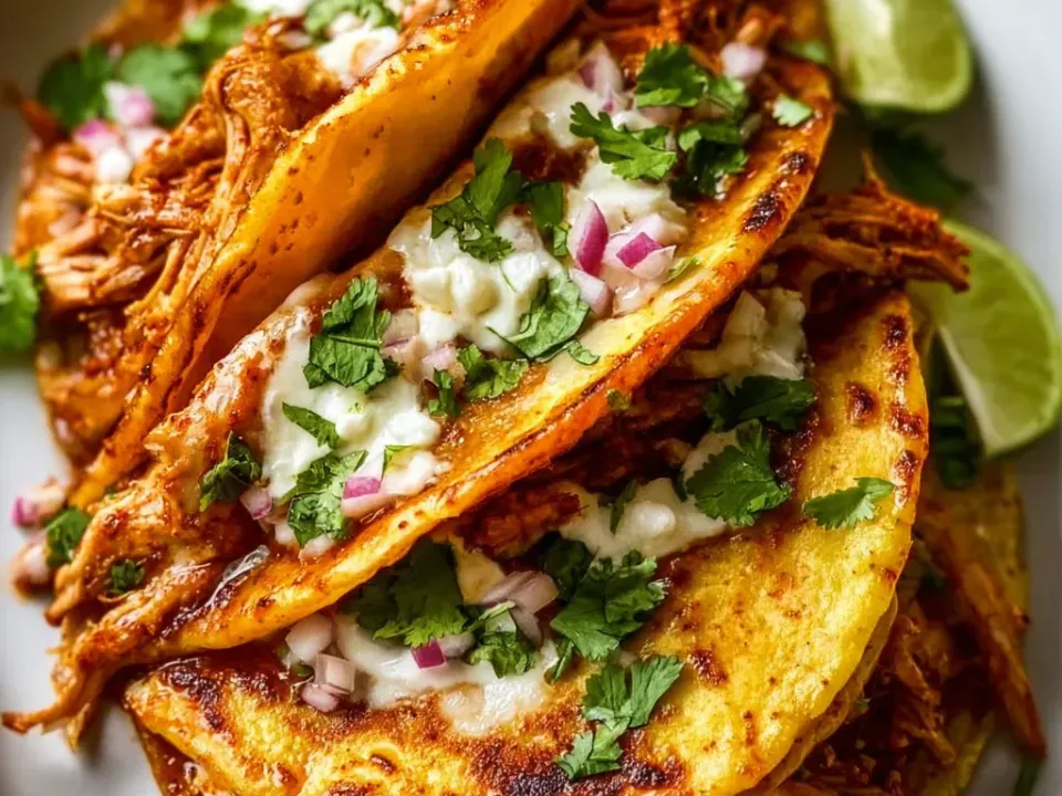 Corn tortillas dipped in red-orange chilli fat and griddled crisp at the edges, filled with shredded chicken in red chilli sauce and melted white cheese, with onion, coriander and lime wedges