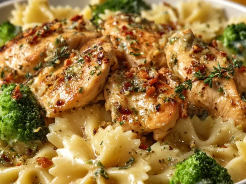Farfalle with browned chicken pieces and broccoli florets in a light lemon-garlic sauce with chilli flecks and parsley