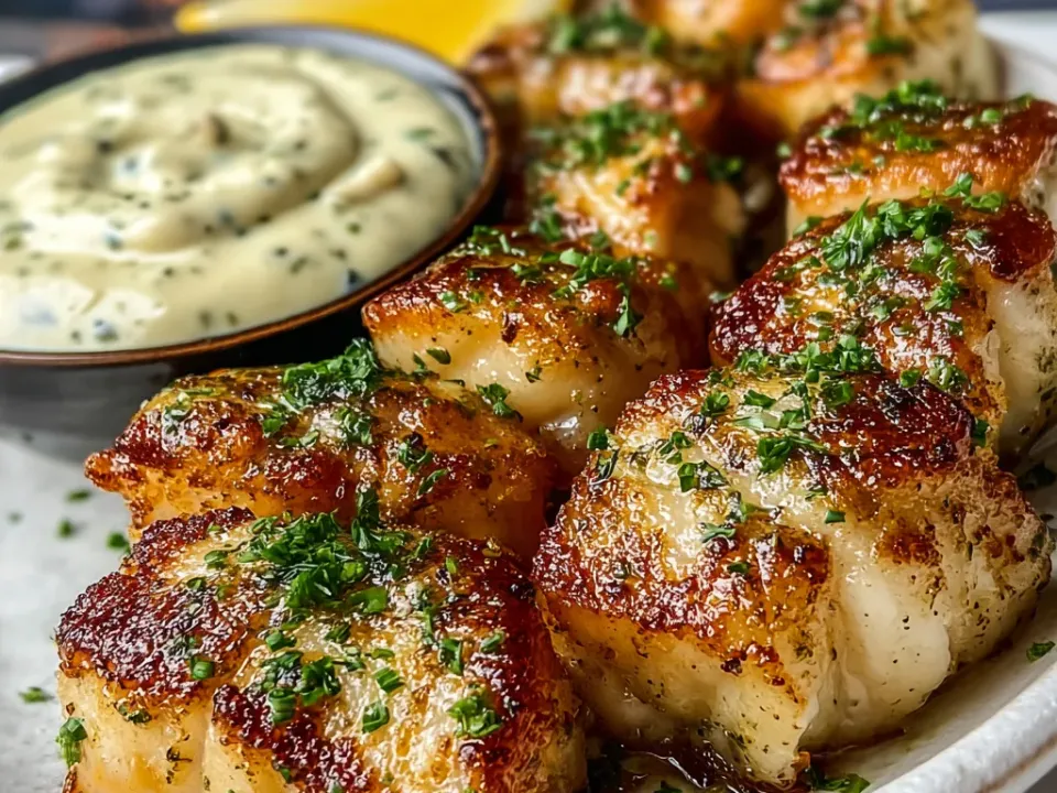 Browned fish bites beside a bowl of garlic aioli and a lemon wedge, herb garnish