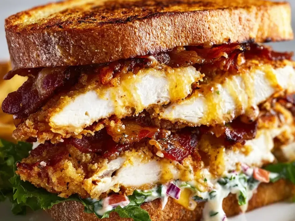 A griddled sandwich on thick golden bread holding breaded fried chicken, crisp bacon, melted pale cheese, frilly lettuce and a white ranch sauce, with French fries beside