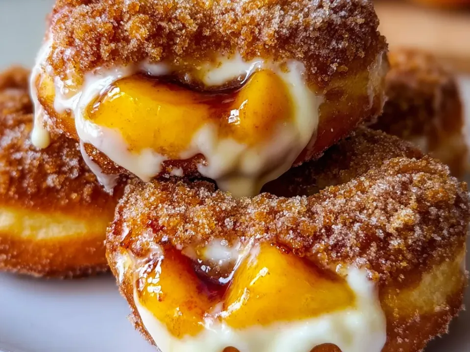 Ring donuts coated heavily in coarse cinnamon sugar, split open at the side and filled with glossy yellow-orange peach pieces in dark syrup and thick pale ivory cream spilling out