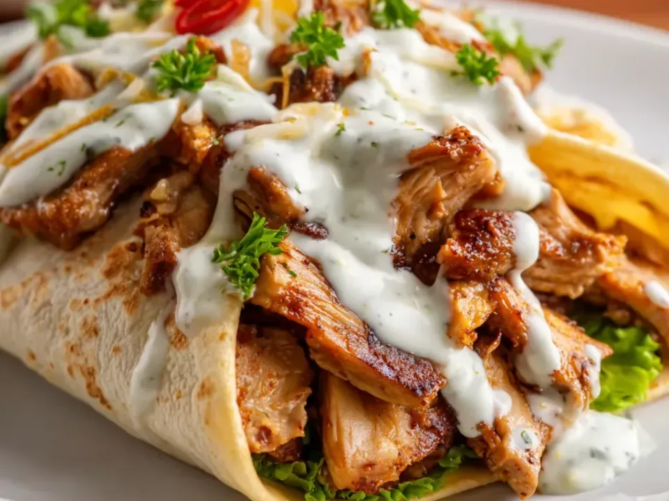 An opened flatbread wrap on a white plate showing sliced browned chicken shawarma over shredded lettuce, heavily drizzled with white garlic sauce with pickled chilli and herbs