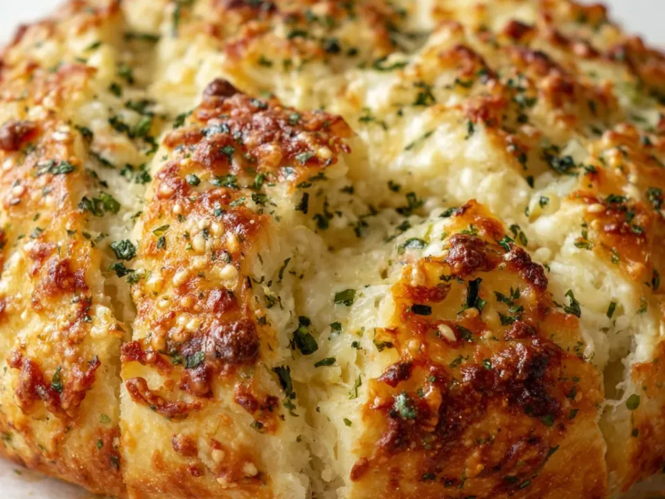 A round deeply scored loaf under a heavy browned and blistered cheese crust flecked with green herb, the cuts opening to show a soft white crumb