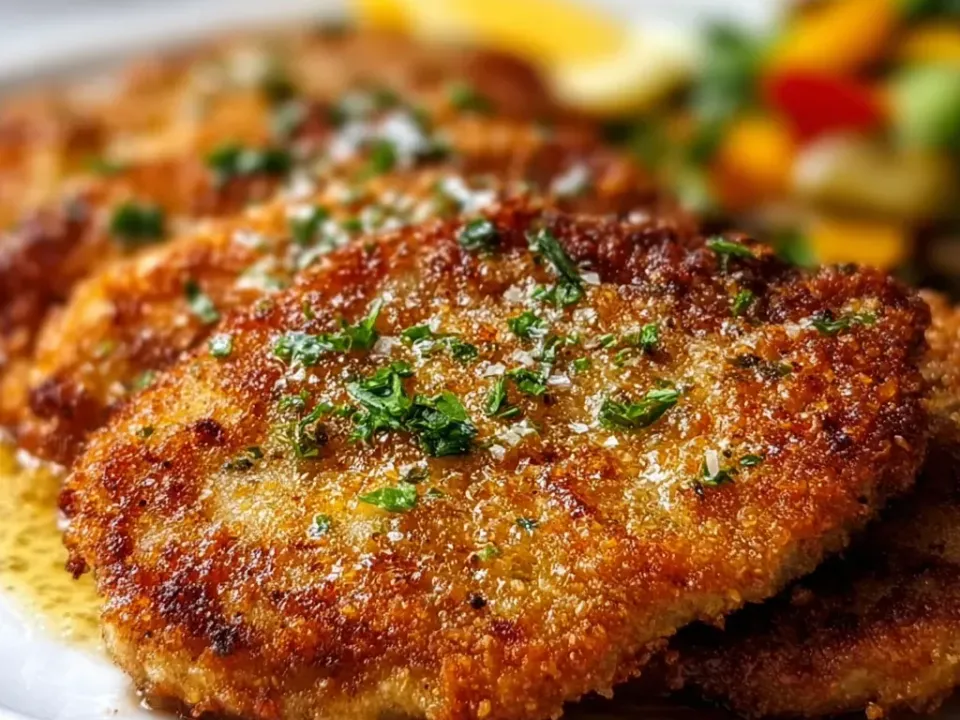 Breaded fried chicken cutlets with a deeply golden crumb coating scattered with chopped parsley and flaky salt, with a lemon wedge behind