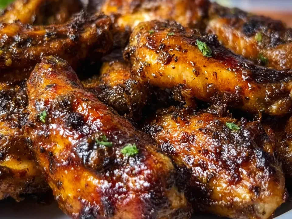 Dark, glossy jerk-glazed chicken wings with a charred, deeply spiced surface