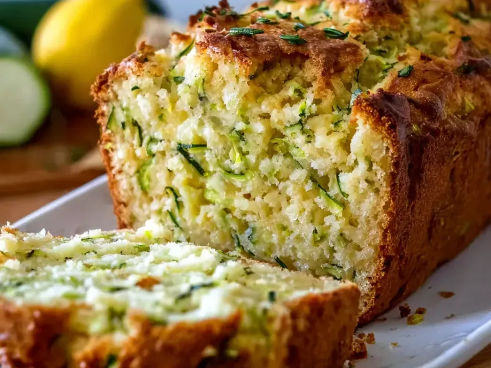 A cut loaf with a golden domed crust and a pale crumb shot through with shredded green zucchini, with a lemon and a whole zucchini behind it