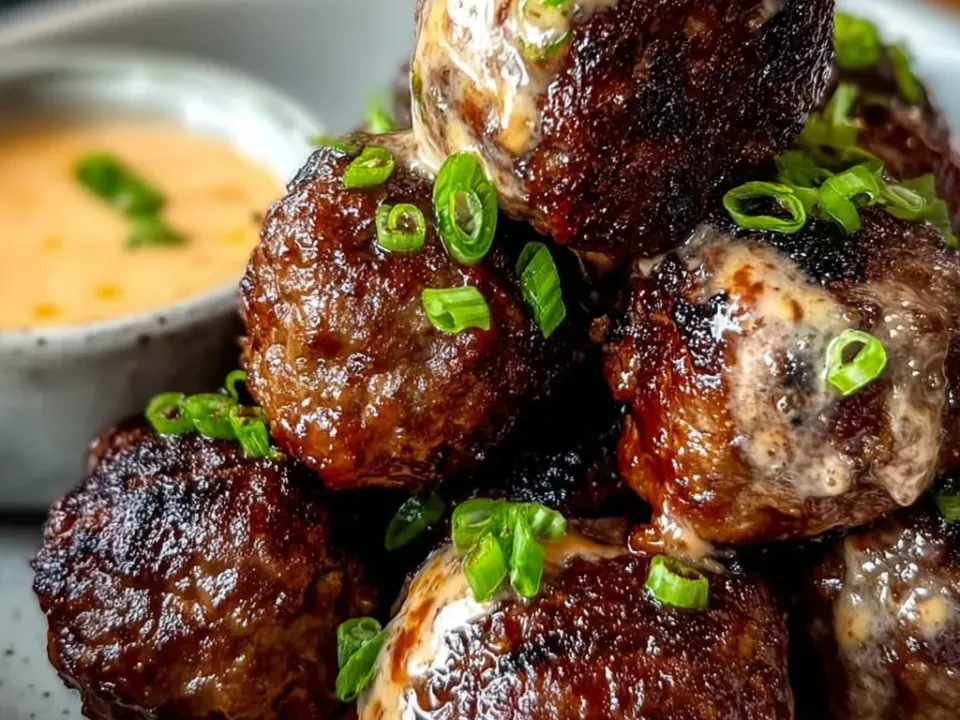 Glazed Korean BBQ meatballs with a dip bowl and green onion garnish