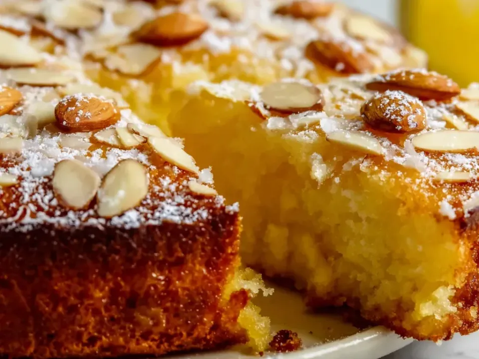 A round single-layer cake with a moist yellow crumb and one wedge cut away, the top covered in flaked and whole almonds and dusted with icing sugar
