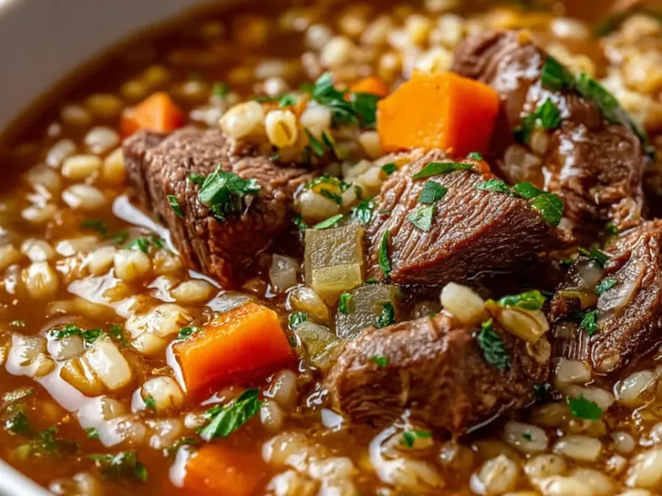 Deep bowl of beef and barley soup with cubes of beef, sliced carrot and celery in a dark tomato-flecked broth