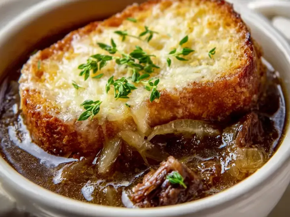 A white crock of dark French onion broth with caramelised onions and shredded short rib under a thick toast slice covered in melted browned Gruyère and fresh thyme