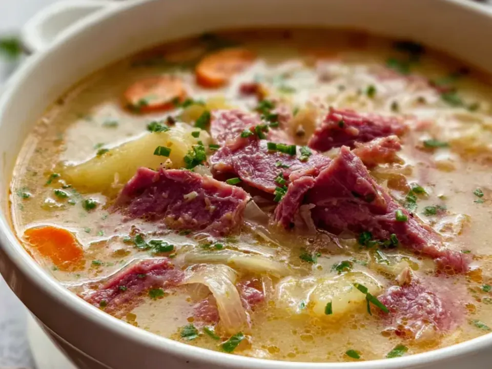 A white bowl of chunky creamy pale-gold soup with large pieces of pink corned beef, potato, carrot rounds and sauerkraut strands, finished with chopped chives, with dark rye bread behind