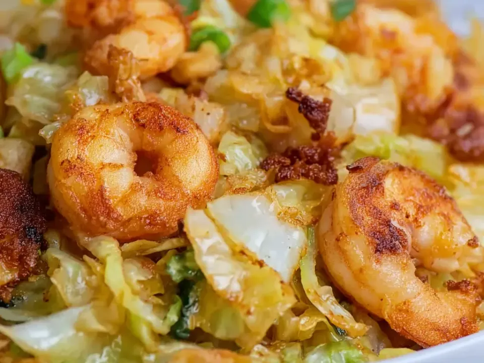 Seared shrimp over fried cabbage with crisp bacon pieces in a white bowl
