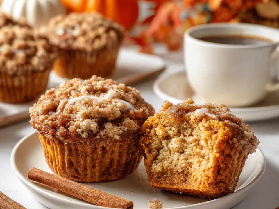 Apple pumpkin streusel muffins on a plate, one split to show the orange crumb
