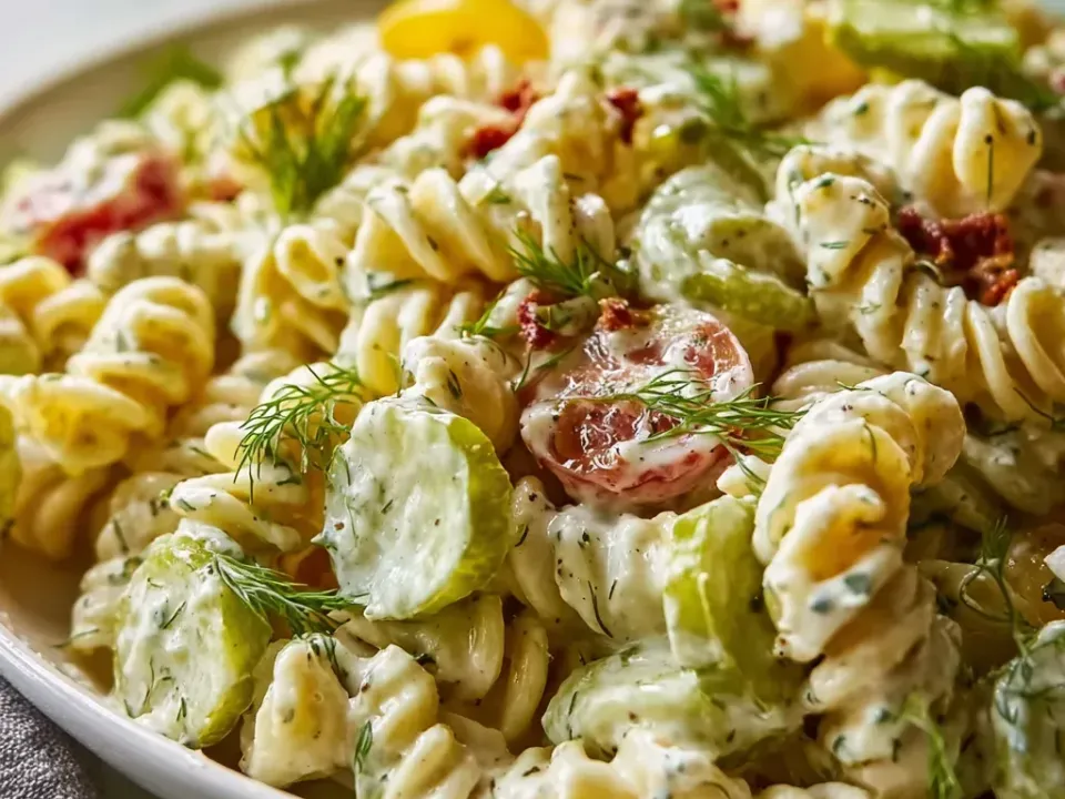 A bowl of rotini in a creamy dill-flecked dressing with sliced pickles, fresh dill sprigs, small red pieces and yellow cubes