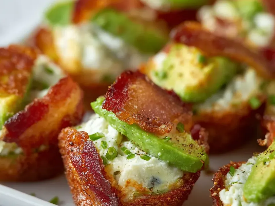 A white platter of small golden crisp cup-shaped bites filled with herbed cream cheese, a slice of avocado and crisp bacon, sprinkled with chives and black pepper