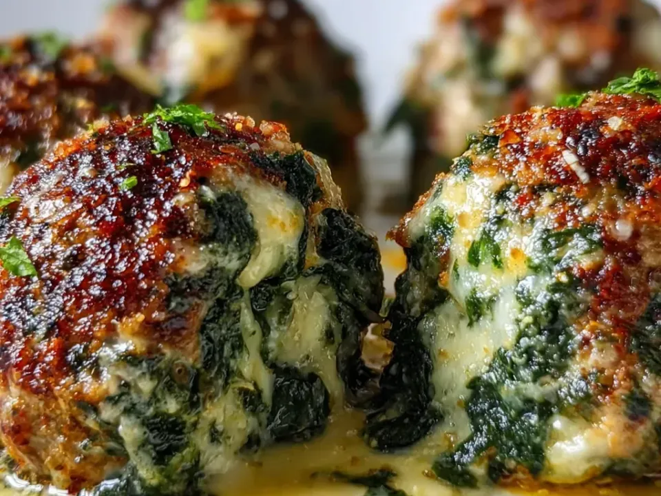 Deeply browned crusted meatballs on a white plate, one broken open showing melted white cheese and dark green spinach inside, in a pale buttery sauce with parsley