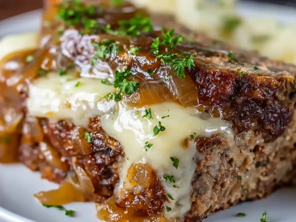 A slice of meatloaf under caramelised onions and melted Swiss cheese with brown onion gravy spooned over
