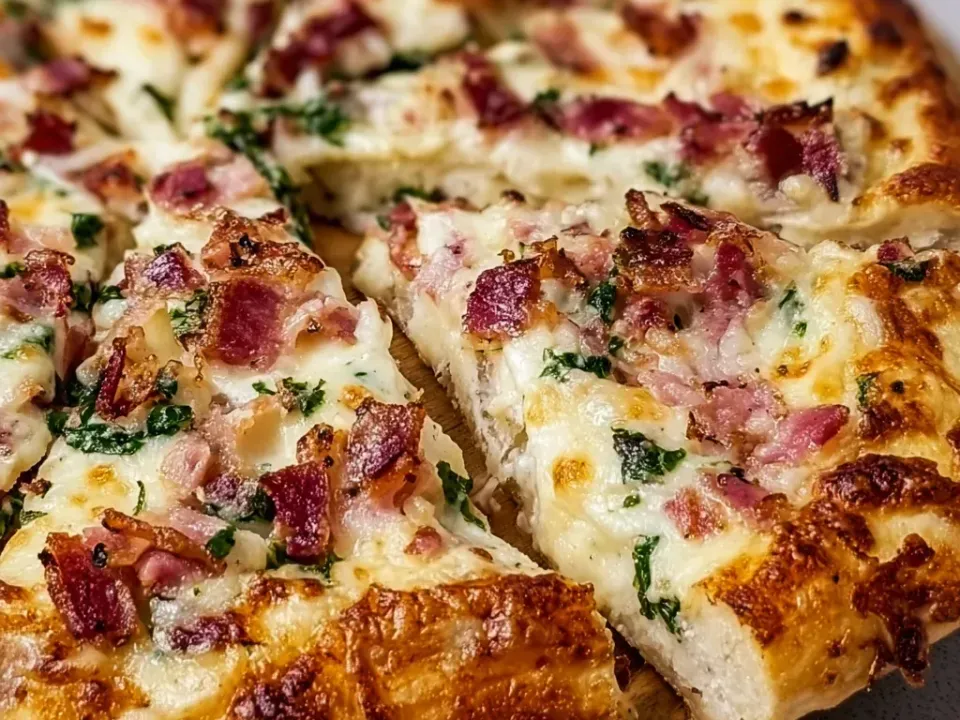 A round pizza cut into wedges on a wooden board, with a puffed golden crust, a white creamy base under melted mozzarella browned in spots, chopped crisp bacon and parsley