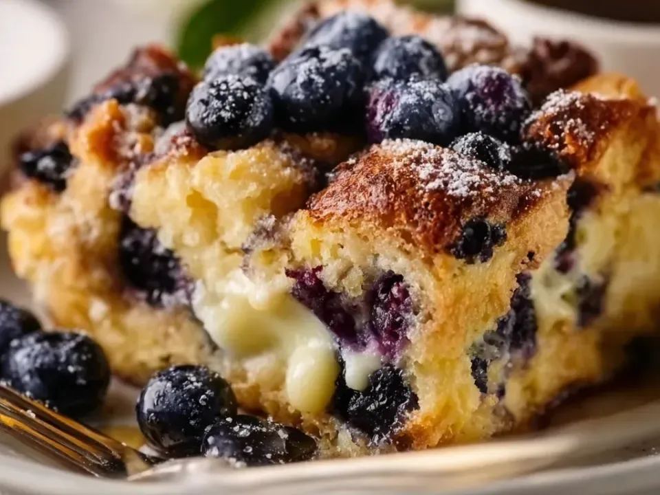 A square of bread pudding with burst blueberries through a golden custard crumb, fresh blueberries and powdered sugar on top, and a fork