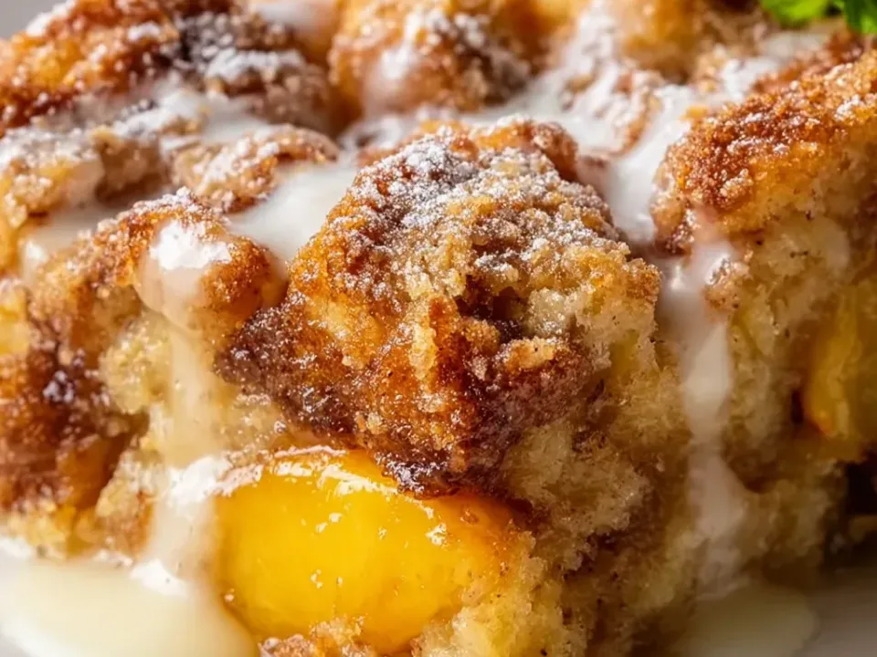 A close view of bread pudding with golden cinnamon-sugar cubes, yellow peach pieces and a white glaze drizzle pooling, with a mint sprig