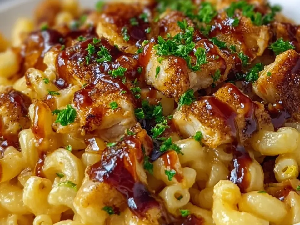 Macaroni in a pale cheese sauce topped with sliced crispy breaded chicken, a dark barbecue drizzle and parsley