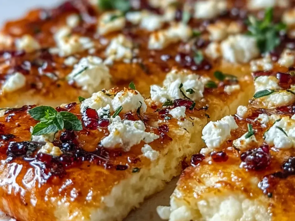 Square-cut slices of thick golden focaccia-style flatbread topped with crumbled white feta, a glossy red-flecked hot honey glaze and small green herb leaves