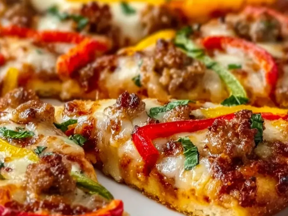 Cut square pizza slices on a thick pale golden pan-baked base with red tomato sauce under browned melted cheese, crumbled sausage and red, yellow and green pepper strips with torn basil