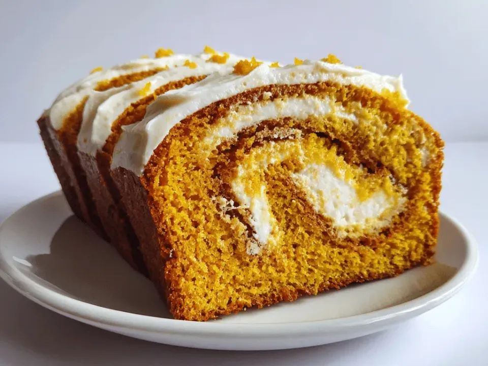 Slices of pumpkin bread on a white plate, each showing a white cream cheese spiral through the orange crumb, with a thick stripe of cream cheese frosting on top