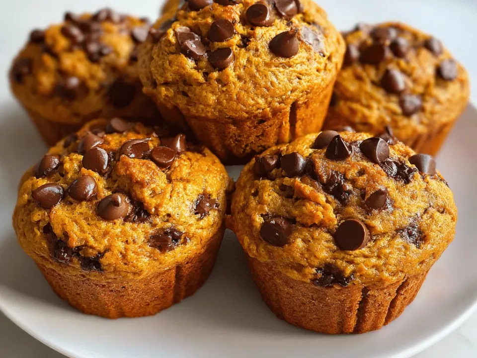 Five pumpkin muffins with domed tops studded with chocolate chips, stacked on a white plate