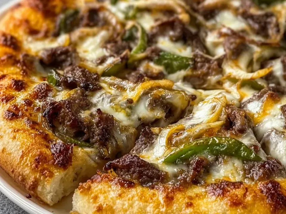 A round pizza with a thick puffed deeply golden crust on a base of melted white cheese browned in patches, topped with sliced steak, softened golden onion strands and green pepper strips