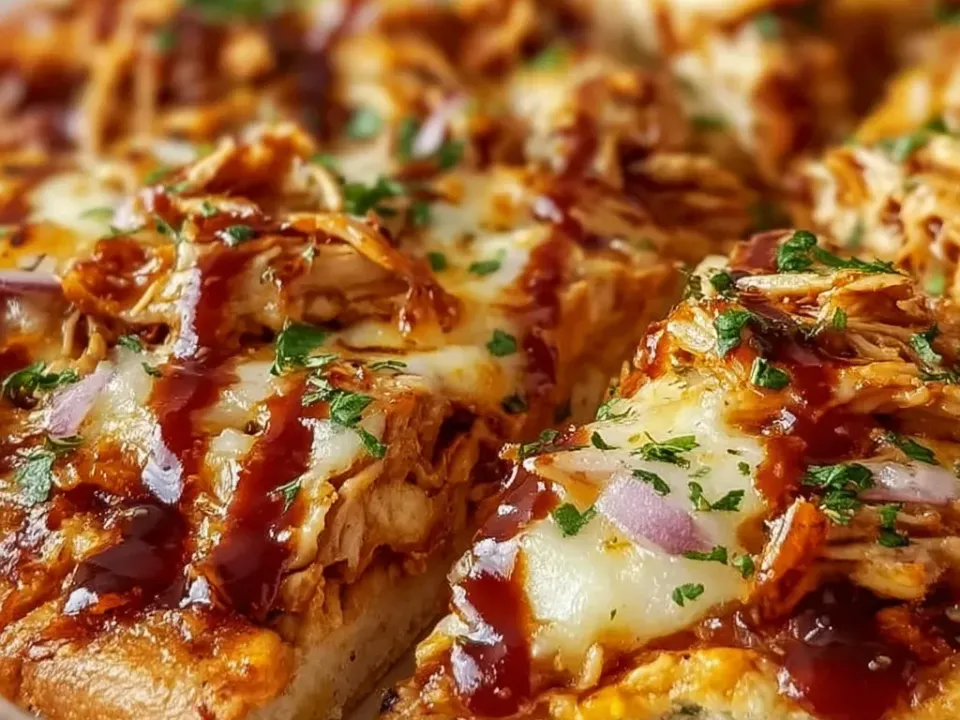 Pizza slices on a white plate with shredded BBQ chicken, melted mozzarella, red onion and a dark BBQ sauce drizzle on a browned bread crust